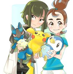 Rule 34 | 1boy, 1girl, black pants, blue background, blue shirt, blush, brown eyes, brown hair, closed mouth, creatures (company), game freak, gen 1 pokemon, gen 4 pokemon, green hair, grey eyes, grey shirt, grin, holding, jacket, looking at viewer, lucario, nintendo, open clothes, open jacket, pants, pikachu, piplup, pokemon, pokemon (anime), pokemon (creature), pokemon the movie: i choose you!, shirt, short hair, short sleeves, shorts, smile, sorrel (pokemon), stuffed toy, tagoma-yaki-0808, two-tone background, verity (pokemon), white background, white jacket, white shorts