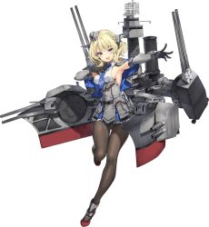 Rule 34 | 1girl, armpits, black pantyhose, blonde hair, blue dress, breasts, cannon, capelet, colorado (kancolle), dress, full body, hand on own chest, hat, headgear, kantai collection, machinery, necktie, official art, pantyhose, parsley-f, short hair, sideboob, source request, turret