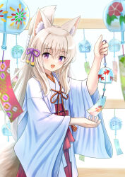 Rule 34 | 1girl, :d, absurdres, animal ears, arm up, blue background, bow, commentary request, folded ponytail, fox ears, fox girl, fox tail, hair between eyes, hakama, hakama skirt, highres, holding, iroha (iroha matsurika), japanese clothes, kimono, koyoi (iroha (iroha matsurika)), light brown hair, long hair, long sleeves, looking at viewer, miko, open mouth, original, purple eyes, red bow, red hakama, simple background, skirt, smile, solo, tail, very long hair, white kimono, wide sleeves, wind chime