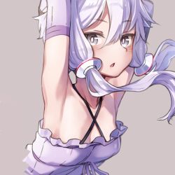 Rule 34 | armpits, arms behind head, arms up, blush, breasts, bright pupils, chestnut mouth, cleavage, collarbone, criss-cross halter, cropped torso, detached sleeves, dress, frilled dress, frills, grey background, hair between eyes, hair ornament, halter dress, halterneck, looking at viewer, mochi (mochi444420), open mouth, purple dress, purple eyes, purple hair, short hair with long locks, sidelocks, simple background, small breasts, solo, upper body, voiceroid, yuzuki yukari