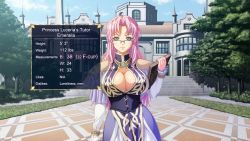 Rule 34 | 1girl, book, breasts, bursting breasts, character profile, cleavage cutout, clothing cutout, corset, dress, emeraria, female focus, game cg, glasses, jewelry, kyonyuu fantasy, large breasts, necklace, outdoors, pink hair, plant, sky, solo, standing, tree, wallpaper
