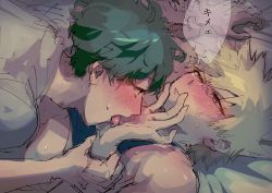 Rule 34 | absurdres, bakugou katsuki, bed sheet, blonde hair, blush, boku no hero academia, freckles, green hair, highres, holding another&#039;s wrist, licking another&#039;s hand, looking at another, lying, male focus, midoriya izuku, on back, red eyes, ringwanderunger, scar, scar on hand, sheet grab, sketch, speech bubble, spiked hair, tongue, tongue out, yaoi