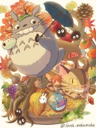 Rule 34 | absurdres, acorn, animal focus, apple, autumn, autumn leaves, cat, character request, commentary request, food, fruit, grapes, grin, highres, holding, holding umbrella, leaf, leaf on head, looking at another, luna mokamoka, maple leaf, mouse (animal), mushroom, no humans, partial commentary, pinecone, scenery, smile, studio ghibli, teeth, tomato, tonari no totoro, totoro, tree, twitter username, umbrella, whiskers