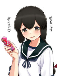 Rule 34 | 1girl, black hair, blue neckerchief, blush, braid, candy, food, hair between eyes, hair ribbon, heart, heart-shaped pupils, highres, holding, holding candy, holding food, isonami (kancolle), kantai collection, long hair, neckerchief, open mouth, puccho (candy), ribbon, sailor collar, school uniform, serafuku, short sleeves, simple background, solo, symbol-shaped pupils, translation request, tussy, twin braids, white background