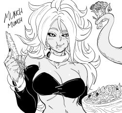 Rule 34 | 1girl, :t, android 21, bad id, bb (baalbuddy), big hair, bikini, black sclera, blush, bracelet, carrot, cauliflower, colored sclera, dark-skinned female, dark skin, detached sleeves, dragon ball, dragon ball super, earrings, eating, fingernails, food, food on face, greyscale, hand up, highres, holding, holding food, holding vegetable, hoop earrings, inactive account, jewelry, long hair, long sleeves, majin android 21, monochrome, nail polish, prehensile tail, salad, simple background, solo, sound effects, swimsuit, tail, vegetable, white background