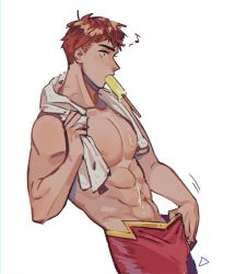 Rule 34 | 1boy, abs, bananakiiwi, dc comics, food, food in mouth, green eyes, highres, male focus, muscular, muscular male, musical note, navel, nipples, orange hair, pants, pectorals, popsicle, red pants, short hair, simple background, solo, the flash (series), topless male, towel, towel around neck, wally west, young justice