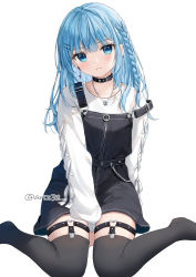 Rule 34 | 1girl, between legs, black thighhighs, blue eyes, blue hair, braid, collarbone, commentary, feet out of frame, hair ornament, hairclip, hand between legs, head tilt, heart o-ring, long hair, long sleeves, looking at viewer, no shoes, original, overall skirt, parted lips, puffy long sleeves, puffy sleeves, shirt, simple background, single braid, sitting, smile, solo, symbol-only commentary, thighhighs, twitter username, wariza, white background, white shirt, yumoran