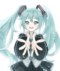 Rule 34 | blue eyes, blue hair, blush, collared shirt, detached sleeves, esy, hair ornament, hatsune miku, highres, long hair, long sleeves, looking at viewer, necktie, open mouth, outstretched arms, pleated skirt, shirt, skirt, sleeveless, sleeveless shirt, smile, twintails, very long hair, vocaloid