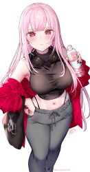 Rule 34 | 1girl, alternate costume, artist name, black nails, blush, bottle, breasts, commentary, english commentary, headphones, highres, holding, holding bottle, hololive, hololive english, jacket, kamiya maneki, long hair, looking at viewer, mori calliope, nail polish, navel, open clothes, open jacket, pants, pink eyes, pink hair, simple background, skull print, solo, sweatpants, virtual youtuber, white background