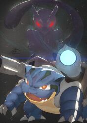 Rule 34 | blastoise, brown eyes, claws, commentary request, creatures (company), fadingz, fangs, game freak, gen 1 pokemon, glowing, glowing eyes, highres, legendary pokemon, mewtwo, nintendo, no humans, open mouth, pokemon, pokemon: the first movie - mewtwo strikes back, pokemon (anime), pokemon (classic anime), pokemon (creature), red eyes, signature