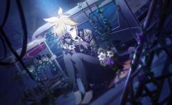 Rule 34 | 1boy, 25-ji len, 25-ji nightcord de. (project sekai), bags under eyes, bandages, bed, black footwear, black pants, black shirt, black theme, blonde hair, blouse, blue flower, blurry, bottle, cable, cart, clematis (flower), closed mouth, colorful palette, darkness, depth of field, doily, dutch angle, fingernails, flats, flower, flower over eye, flower request, furrowed brow, green eyes, hair flower, hair ornament, high ponytail, highres, holding, holding flower, holding leaf, hospital bed, intravenous drip, jar, kagamine len, leaf, legs together, light, light particles, long sleeves, looking at viewer, maigo no te wo hiku sono saki wa (project sekai), male focus, nail polish, official art, on floor, pants, parted bangs, plant, project sekai, psychedelic, purple flower, rafters, sad, serving cart, shadow, shirt, shoes, short ponytail, sitting, swept bangs, syringe, tray, vines, vocaloid, white flower, wide sleeves, yellow nails