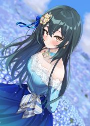 Rule 34 | 1girl, absurdres, arms behind back, blue skirt, blush, breasts, brown eyes, collarbone, field, flower, flower field, green hair, highres, idolmaster, idolmaster cinderella girls, long hair, looking at viewer, medium breasts, off-shoulder shirt, off shoulder, ohishi izumi, shirt, skirt, smile, solo, straight hair, striped clothes, striped shirt, v a i r, very long hair
