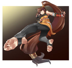Rule 34 | 1girl, absurdly long hair, bandaged arm, bandages, bare shoulders, belt, bodysuit, boots, border, breasts, brown eyes, brown hair, dnf duel, dungeon and fighter, eiji (eiji), feet, fighter (dungeon and fighter), fingerless gloves, foot focus, foreshortening, framed breasts, gloves, hair between eyes, highres, kicking, large breasts, long hair, looking at viewer, low-tied long hair, martial arts, multicolored background, open mouth, red footwear, smile, solo, striker (dungeon and fighter), turtleneck, very long hair, white border