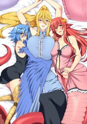 Rule 34 | 3girls, arched back, asymmetrical docking, bare shoulders, blonde hair, blue eyes, blue hair, blue wings, blush, breast press, breasts, button gap, centorea shianus, collarbone, commentary, english commentary, frown, hair between eyes, hair ornament, harpy, high ponytail, highres, huge breasts, lamia, large breasts, lindaroze, long hair, looking at viewer, lying, miia (monster musume), monster girl, monster musume no iru nichijou, multiple girls, nightgown, on back, on side, open mouth, papi (monster musume), pillow, pointy ears, red hair, scales, smile, thighs, twitter username, watermark, web address, winged arms, wings