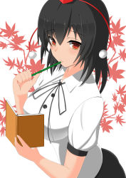 Rule 34 | 1girl, absurdres, black hair, breasts, hat, highres, impossible clothes, impossible shirt, leaf, leaf background, light smile, looking at viewer, maple leaf, notebook, pencil to face, red eyes, ribbon, shameimaru aya, shirt, short hair, short sleeves, solo, tokin hat, touhou, white background, yamatsubaki runa