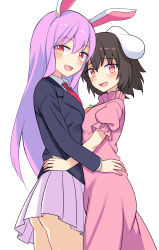 Rule 34 | 2girls, animal ears, ass, black hair, black jacket, blazer, blush, carrot necklace, collared shirt, cowboy shot, dress, e.o., floppy ears, frilled sleeves, frills, hand on another&#039;s waist, highres, inaba tewi, jacket, jewelry, long hair, long sleeves, looking at viewer, miniskirt, multiple girls, necklace, necktie, open mouth, pink dress, pink skirt, pleated skirt, puffy short sleeves, puffy sleeves, purple hair, rabbit ears, rabbit girl, red necktie, reisen udongein inaba, shirt, short hair, short sleeves, skirt, touhou, very long hair, white shirt