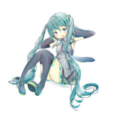 Rule 34 | 1girl, blue eyes, boots, detached sleeves, female focus, green hair, hachisuto, hands on own head, hatsune miku, highres, long hair, necktie, open mouth, panties, pantyshot, simple background, sitting, skirt, solo, striped clothes, striped panties, thigh boots, thighhighs, twintails, underwear, upskirt, very long hair, vocaloid, white background