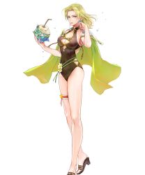 Rule 34 | 1girl, bare arms, blonde hair, blue eyes, breasts, cape, cleavage, coconut, collarbone, drinking straw, earrings, feet, female focus, fire emblem, fire emblem: the sacred stones, fire emblem heroes, flower, fruit cup, full body, green cape, high heel sandals, highleg, highleg swimsuit, highres, holding, jewelry, long hair, looking at viewer, medium breasts, nintendo, official alternate costume, official art, one-piece swimsuit, parted bangs, parted lips, sandals, selena (fire emblem: the sacred stones), selena (summer) (fire emblem: the sacred stones), shiny skin, solo, standing, swimsuit, thigh strap, thighs, toeless footwear, toes, transparent background, wada sachiko