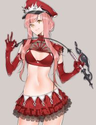 Rule 34 | 1girl, closed mouth, elbow gloves, fate/grand order, fate (series), frilled skirt, frills, gloves, hat, long hair, looking at viewer, medb (alluring chief warden look) (fate), medb (fate), midriff, navel, riding crop, simple background, sino42, skirt, solo, whip, yellow eyes