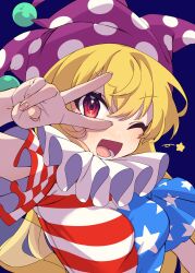 Rule 34 | 1girl, absurdres, american flag dress, blonde hair, blue background, blush, clownpiece, dress, e sdss, fairy, fairy wings, fingernails, hair between eyes, hat, highres, jester cap, long hair, one eye closed, open mouth, polka dot, polka dot headwear, purple hat, red eyes, short sleeves, simple background, smile, solo, star (symbol), star print, striped clothes, striped dress, touhou, upper body, v, wings