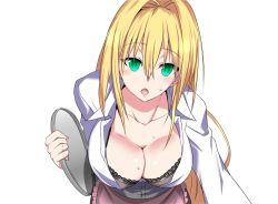 Rule 34 | 1girl, blonde hair, blush, bra, breasts, cleavage, facing viewer, game cg, green eyes, hair between eyes, holding, large breasts, leaning forward, long hair, looking at viewer, nuko majin, open mouth, simple background, solo, tearju lunatique, to love-ru, to love-ru darkness, tray, underwear, upper body, waitress