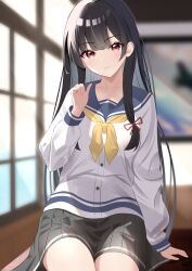 Rule 34 | 1girl, black hair, blurry, depth of field, desk, grey sailor collar, grey skirt, hair ribbon, highres, indoors, isokaze (kancolle), kantai collection, long hair, long sleeves, looking at viewer, neckerchief, pleated skirt, pororo (r pororo), red eyes, ribbon, sailor collar, school desk, school uniform, serafuku, sitting, skirt, solo, tress ribbon, window, yellow neckerchief