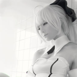 Rule 34 | 1girl, against wall, ahoge, artist name, artoria pendragon (fate), bare shoulders, bow, breasts, chromatic aberration, closed mouth, collarbone, detached collar, detached sleeves, dress, fate/stay night, fate/unlimited codes, fate (series), greyscale, hair bow, indoors, koyorin, lips, looking to the side, monochrome, photorealistic, ponytail, realistic, saber (fate), saber lily, short hair, small breasts, solo, strapless, strapless dress, tile wall, tiles, tumblr username, upper body, watermark, web address