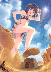 Rule 34 | 2girls, barefoot, black hair, blonde hair, blue eyes, building, chariot, child, cloud, craytm, day, desert, egyptian clothes, falling, giant, giantess, highres, jewelry, lens flare, long hair, looking at another, multiple boys, multiple girls, necklace, original, pyramid (structure), running, sand, short hair, skirt, sky, strapless, tube top