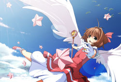 Rule 34 | 1990s (style), 1girl, bad id, bad pixiv id, brown hair, cardcaptor sakura, child, day, eto, flying, gloves, green eyes, hoshi no tsue, kinomoto sakura, magical girl, outstretched arm, outstretched hand, reaching, retro artstyle, sky, solo, star (sky), star (symbol), starry sky, wand, wings