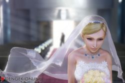 Rule 34 | 1girl, 1other, 3d, aya brea, blonde hair, blue eyes, bouquet, bride, dress, flower, formal, indoors, jewelry, necklace, parasite eve, parasite eve the 3rd birthday, plant, solo, upper body, wedding, wedding dress