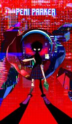 Rule 34 | backpack, bad id, bad pixiv id, bag, black footwear, black legwear, full body, glitch, green bag, highres, koug00, looking at viewer, marvel, medium hair, motherboard, peni parker, pleated skirt, red background, red eyes, robot, school uniform, shaded face, shadow, shirt, shoes, short hair, skirt, sp//dr, spider-man: into the spider-verse, spider-man (series), spider-verse, standing