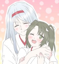 Rule 34 | 10s, 2girls, ^ ^, bad id, bad pixiv id, child, closed eyes, closed eyes, female focus, green eyes, green hair, hair ribbon, japanese clothes, kantai collection, long hair, miko, multiple girls, open mouth, ribbon, shoukaku (kancolle), smile, twintails, udon (shiratama), upper body, aged down, zuikaku (kancolle)