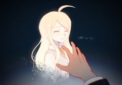 Rule 34 | 1boy, 1girl, ahoge, akamatsu kaede, akiko 141, beamed eighth notes, blonde hair, breasts, closed eyes, collared shirt, danganronpa (series), danganronpa v3: killing harmony, dark background, eighth note, fortissimo, from side, gradient background, hair ornament, highres, light, long hair, long sleeves, looking at viewer, medium breasts, musical note, musical note hair ornament, necktie, pov, pov hands, saihara shuichi, shirt, smile, solo focus, spoilers, striped, sweater vest, swept bangs, translation request, upper body, white shirt