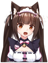 Rule 34 | 10s, 1girl, :3, :d, animal ears, artist name, bell, blunt bangs, bow, bowtie, brown eyes, brown hair, cat ears, chocola (nekopara), cleavage cutout, clothing cutout, cowfee, jingle bell, long hair, looking at viewer, maid, maid headdress, nekopara, open mouth, pink bow, pink bowtie, puffy short sleeves, puffy sleeves, short sleeves, simple background, slit pupils, smile, solo, twintails, upper body, watermark, white background