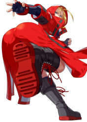 Rule 34 | 1girl, ass, bent over, black footwear, blonde hair, blue eyes, boots, cammy white, coat, fingerless gloves, gloves, highres, hood, hood up, hooded coat, jewelry, looking back, necklace, official alternate costume, outstretched arm, red coat, shoelaces, short hair, simple background, solo, street fighter, street fighter 6, yagi2013