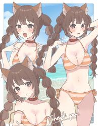 Rule 34 | 1girl, animal ear fluff, animal ears, beach, bikini, blush, border, braid, breasts, brown eyes, collar, commission, highres, large breasts, light blush, long hair, looking at viewer, multiple views, open mouth, orange bikini, original, parted lips, red collar, seijyohu, skeb commission, smile, striped bikini, striped clothes, swimsuit, thank you, tongue, tongue out, twin braids, white border