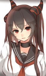 Rule 34 | 1girl, bad id, bad pixiv id, breasts, brown hair, gradient background, grey background, horns, large breasts, long hair, looking at viewer, neckerchief, open mouth, original, red eyes, sailor collar, school uniform, serafuku, solo, ss0l (skghek), upper body, white background