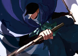 Rule 34 | 1boy, baseball cap, blonde hair, blue coat, coat, fighting stance, green sash, hand focus, hat, highres, holding, holding sword, holding weapon, kaku (one piece), long nose, long sleeves, male focus, one eye covered, one piece, sash, serious, short hair, swirling, sword, unksgmkr, weapon