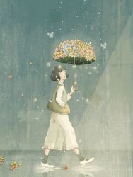 Rule 34 | 1girl, animated, animated gif, artist name, black hair, daisy, flower, hand in pocket, holding, holding umbrella, maoi, original, short hair, solo, star (symbol), sweater, transparent butterfly, umbrella, walking, waves, white flower, yellow flower