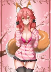 Rule 34 | 1girl, absurdres, animal ear fluff, animal ears, blush, bra, breasts, casual, cleavage, collarbone, fang, fate/grand order, fate (series), floral background, flower, fox ears, fox girl, fox tail, highres, jewelry, large breasts, long hair, looking at viewer, necklace, official alternate costume, open clothes, open shirt, pink bra, pink hair, solo, tail, tamamo (fate), tamamo no mae (fate/extra), tamamo no mae (spring casual) (fate), underwear, yellow eyes