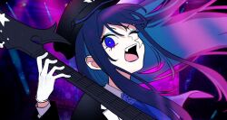 Rule 34 | 1girl, ado (utaite), black coat, black headwear, blue eyes, blue flower, blue hair, blue rose, chando (ado), cloud nine inc, coat, colored inner hair, commentary, english commentary, facial mark, floating hair, flower, flower brooch, freedom (ado), gloves, guitar, instrument, long hair, long sleeves, looking at viewer, mole, mole under eye, multicolored hair, music, one eye closed, open mouth, playing instrument, riseno, rose, sidelocks, solo, star (symbol), star facial mark, teeth, two-tone hair, upper body, upper teeth only, utaite, white gloves