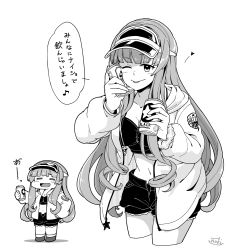 Rule 34 | 1girl, beer can, bikini, bikini under clothes, blunt bangs, can, can to cheek, chibi, commentary request, drink can, fujinoki (horonabe-ken), greyscale, helena (kancolle), highres, hood, hooded jacket, hoodie, jacket, kantai collection, long hair, monochrome, multiple views, official alternate costume, shorts, standing, swimsuit, swimsuit under clothes, visor cap