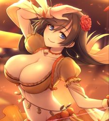 Rule 34 | 1girl, arm up, blue eyes, breasts, brown hair, choker, cleavage, collarbone, crop top, dancer, earrings, fate/grand order, fate (series), flower, frills, groin, hair flower, hair ornament, hoop earrings, jewelry, large breasts, long hair, looking at viewer, mata hari (fate), midriff, navel, orange shirt, oyaji-sou, puffy short sleeves, puffy sleeves, red flower, revealing clothes, shirt, short sleeves, smile, solo, stomach, upper body