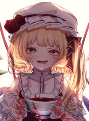 Rule 34 | 1girl, adapted costume, backlighting, bare shoulders, blood, blood on face, blood on hands, blush, crystal, cup, detached sleeves, fingernails, flandre scarlet, flower, hat, hat flower, holding, holding cup, looking at viewer, medium hair, mob cap, mokokiyo (asaddr), one side up, red eyes, red flower, red rose, rose, shadow, simple background, smile, solo, teeth, touhou, two-handed, upper body, upper teeth only, white background, wings, yandere