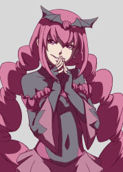 Rule 34 | bad end happy, bad end precure, black bodysuit, black headwear, bodysuit, breasts, covering own mouth, dark persona, frilled sleeves, frills, highres, light smile, long hair, makeup, own hands together, pink eyes, pink hair, pink skirt, precure, skirt, small breasts, smile precure!, twintails, very long hair, zephyranthes54