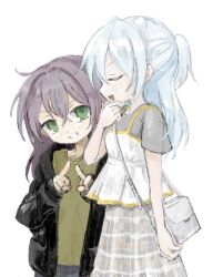 Rule 34 | 2girls, bag, black jacket, blush, camisole, closed eyes, green eyes, green shirt, grey shirt, grey skirt, grin, hair down, hair horns, hair intakes, half updo, hand on own chin, height difference, highres, hitonatz, index fingers raised, jacket, layered clothes, long hair, long skirt, long sleeves, looking at another, multiple girls, null-meta, open clothes, open jacket, plaid, plaid skirt, purple hair, shinohara kogome, shirt, short ponytail, short sleeves, shoulder bag, simple background, sketch, skirt, smile, stroking own chin, takada shiyuki, v-shaped eyebrows, white background, white camisole, white hair