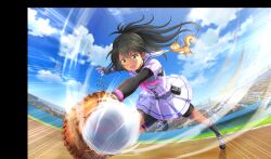 Rule 34 | 1girl, akino komugi, ball, baseball, baseball (object), baseball glove, baseball stadium, baseball uniform, belt, belt buckle, belt pouch, bike shorts under skirt, black belt, black footwear, black gloves, black hair, black pouch, black shorts, black socks, black undershirt, blurry, buckle, catching, cinderella series, cloud, depth of field, emphasis lines, fingerless gloves, fisheye, full body, game cg, gloves, green eyes, hachigatsu no cinderella nine, high ponytail, highres, holding, holding ball, layered sleeves, long hair, long sleeves, looking at object, motion blur, neckerchief, non-web source, official art, open mouth, outdoors, outstretched arms, pink neckerchief, playing sports, pleated skirt, pouch, shirt, shirt under shirt, short over long sleeves, short sleeves, shorts, skirt, sky, socks, solo, sportswear, squirrel, striped belt, striped clothes, striped shirt, teeth, upper teeth only, v-shaped eyebrows, vertical-striped clothes, vertical-striped shirt, wristband