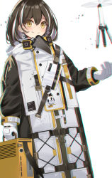 Rule 34 | 1girl, absurdres, arknights, bird mask, brown hair, cameo, charm (object), closed mouth, coat, commentary, drone, gloves, hair between eyes, hand up, highres, magallan (arknights), mask, mask around neck, multicolored hair, short hair, sideways glance, silver hair, smile, snow, solo, sorasima sinome, strap, streaked hair, emperor (arknights), theodolite, two-tone hair, upper body, white background, white coat, white gloves, winter clothes, winter coat, yellow eyes