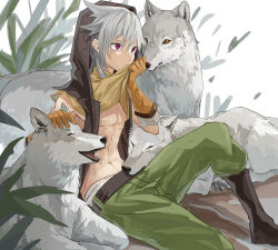 Rule 34 | 1boy, abs, bishounen, closed eyes, clothes lift, full body, genshin impact, gloves, grass, green pants, headpat, highres, male focus, midriff, orange gloves, pants, razor (genshin impact), red eyes, shirt lift, simple background, sitting, solo, tourou 7, wolf, yellow eyes