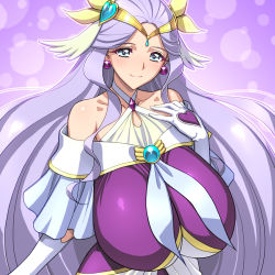 Rule 34 | 1girl, alternate breast size, blue eyes, blush, breasts, closed mouth, collarbone, cure earth, earrings, elbow gloves, eyelashes, fuurin asumi, gloves, hair ornament, healin&#039; good precure, heart, heart hair ornament, huge breasts, jewelry, long hair, looking at viewer, magaki ryouta, magical girl, precure, purple background, purple hair, smile, solo, very long hair, wanwandoh